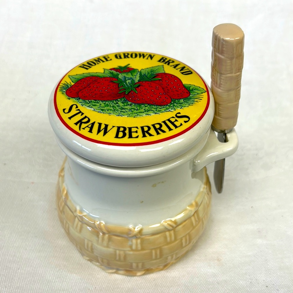 Vintage ceramic strawberry jam jar with original jam spreader made in Japan